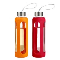 Glass Water Bottles with Protective Silicone Sleeve Stainless Steel Leak Proof Lid Wide Mouth Reusable Drinking Container